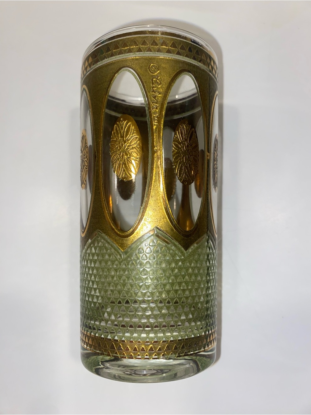Culver Vintage Gold and Olive Green Etched Glass Tumbler
